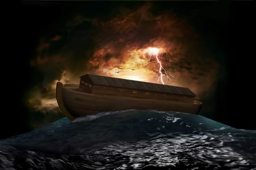 Noah's Ark riding on a swell after the Great Flood