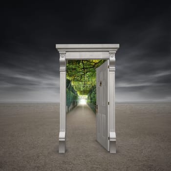 Portal into another dimension represented by a doorway in the middle of a barren wasteland opening into a garden path with a light at the end