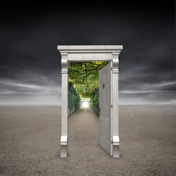 Portal into another dimension represented by a doorway in the middle of a barren wasteland opening into a garden path with a light at the end