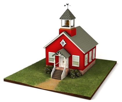 Old style red school house from an elevated isomorphic view on a white background