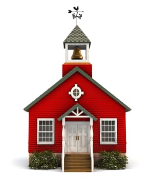 Front facade of a little red American schoolhouse on white