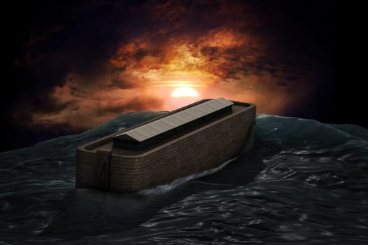 Noah's Ark riding on a swell after the Great Flood
