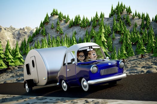 A cartoon Image of a couple driving in the deset towing a camper trailer