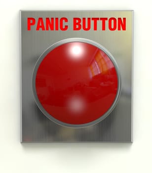 Red panic button mounted on a brushed stainless plate with clipping path