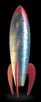 A fun stylized rocket on the floor isolated on a black backgroung with clipping path.