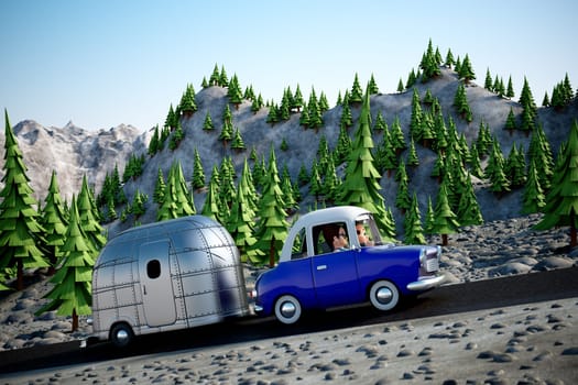 A cartoon Image of a couple driving in the deset towing a camper trailer