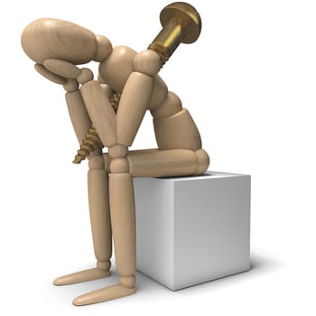 Posable wooden artist's figurine posed with head in hands and a large screw going through his body on a white background