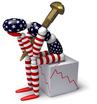 3D figure wrapped in an American flag with a screw running through its torso while sitting on a cube depicting economic decline