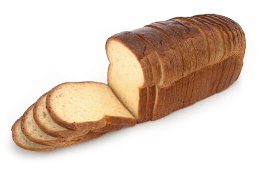 Loaf of sliced white bread on a white background