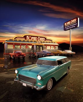 Retro American diner at dusk