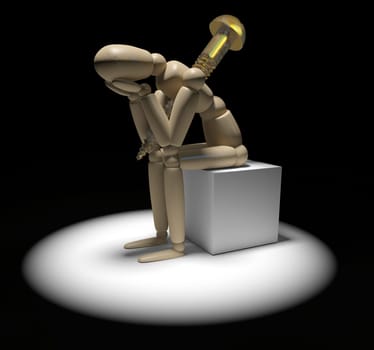 Woodedn artists figurine in a posture of despair with a large brass screw running through its torso
