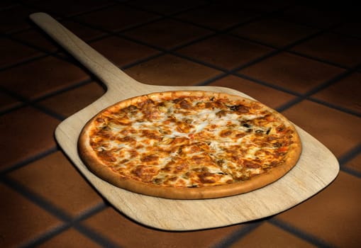 Pizza resting on a wooden pizza peel on a background of rustic terra cota tiles