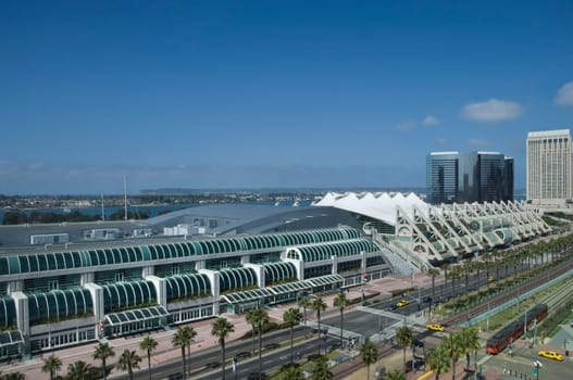 San Diego Convention Center shot from above with San Diego Bay in the background