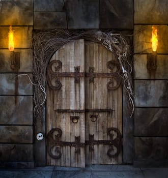Spooky dungeon door flanked with two flaming torches and decorated with twigs and skeleton bones