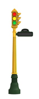 Retro traffic light featuring green, amber and red lights on a white background with clipping path