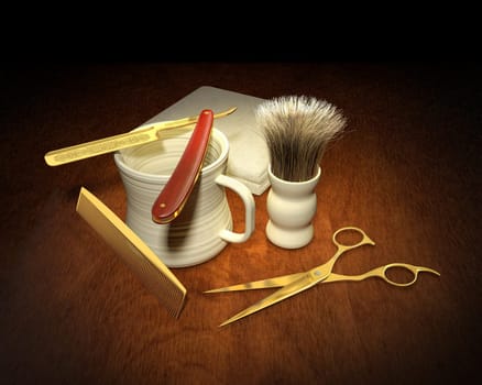 Assorted shaving implements on a wooden table, including a straight edge razor, comb, scissors, shaving mug, shaving brush and terry cloth towels
