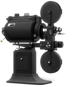 Vintage industrial movie projector on a white background