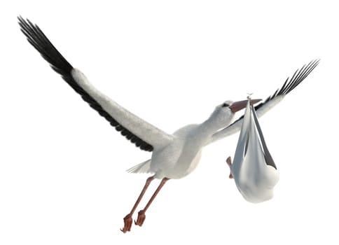 Classic depiction of a stork in flight delivering a newborn baby