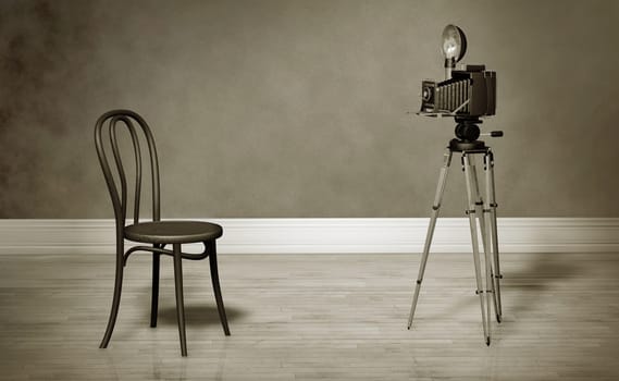 Sepia tone image of a retro camera on a tripod and bentwood chair in an empty room