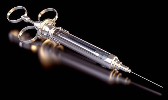 A vintage styled syringe on black reflective background.