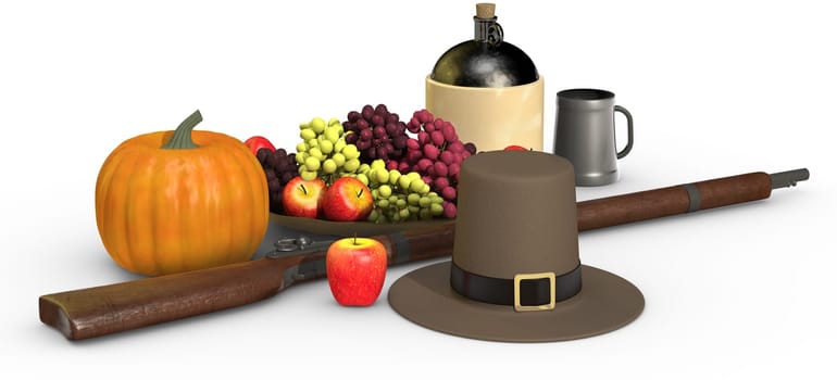 Thanksgiving objects on a white background, including a musket, a pumpkin, pilgrim's hat, fruit, apple, grapes, jug of cider and pewter mug