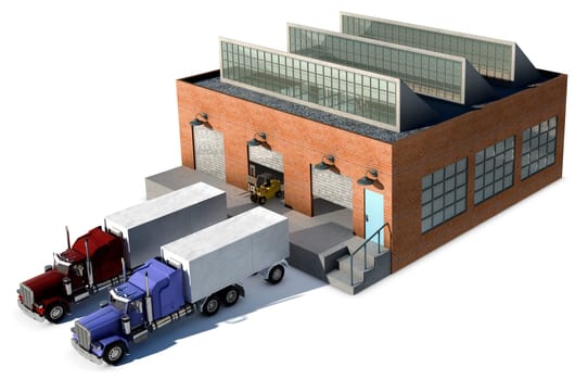 A small factory with a Cargo truck at a loading dock isolated on white