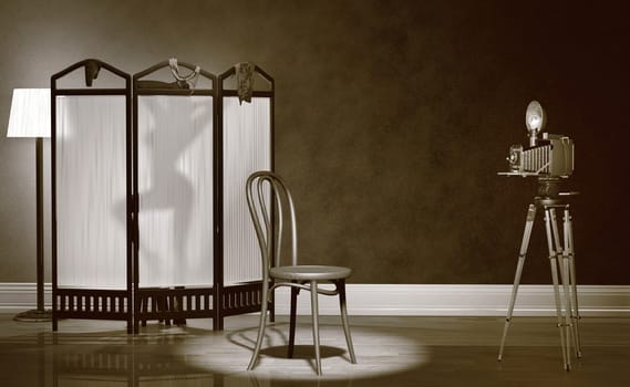 Sepia tone of a vintage photo studio with camera on a tripod, bentwood chair and a changing screen with a model's silhouette behind it