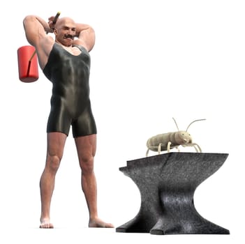 Muscle Man with a mallet behind his back about to smash a termite on an anvil