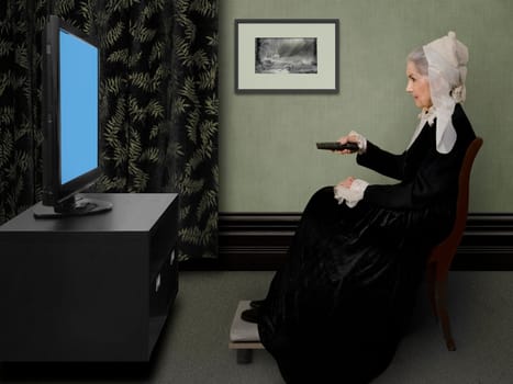 Whistler's Mother watching a flap panel TV using the remote control