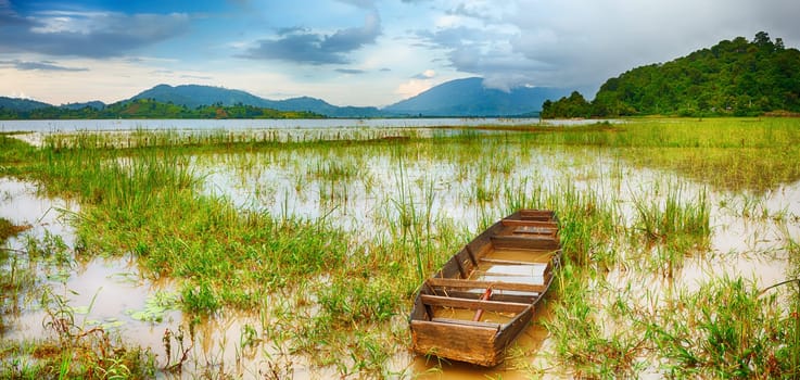 Panorama of a Lak lake at sunset
