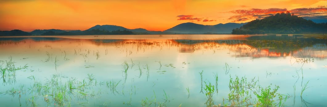 Panorama of a Lak lake at sunrise