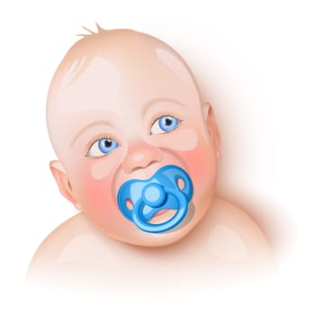 Cute baby with blue pacifier in mouth