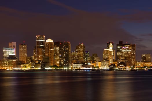 Boston skyline by night from East Boston, Massachusetts - USA