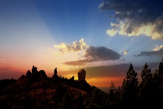 Gran canaria roque nublo fraile dramatic sunset sky in canary Islands