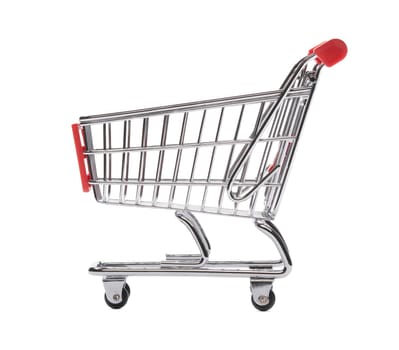 Empty shopping cart isolated on white background, side view.