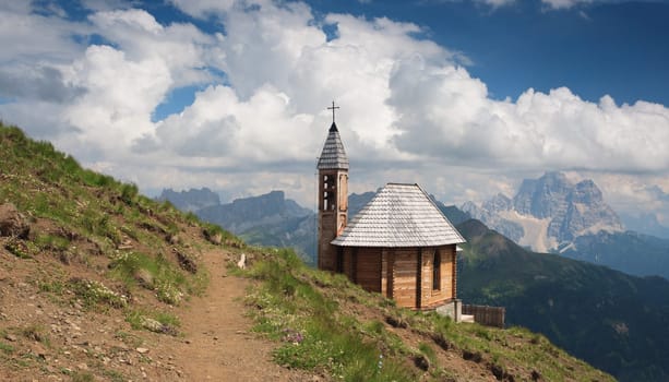 Dolomites, Fanes Group, Col di Lana peak and votive chapel.