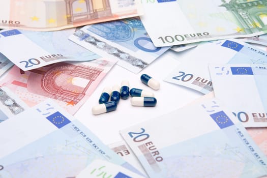 Buy health concept - drugs and money. Medicine and healthcare is a business.