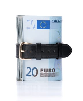 Euro money concept - tighten belt. Spend less money.