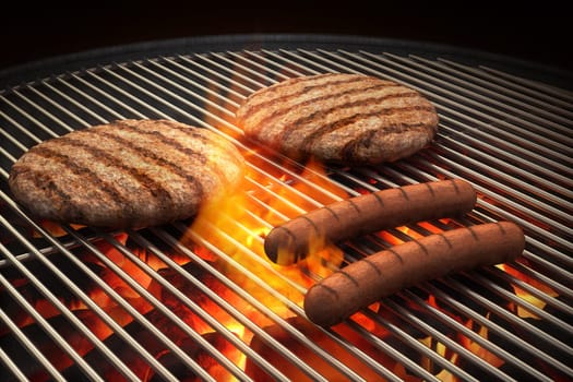 Hamburger patties and hot dogs on the grill under flaming coals