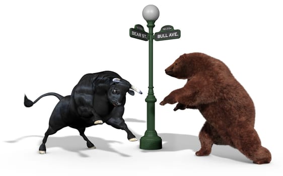 Bear and Bull stock market mascots charging each other on a white background with a New York street light between them