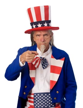 Classic Uncle Sam poster pose on a white background with Uncle Sam pointing his finger at the camera