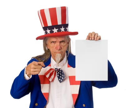 Uncle Sam holding a blank sign while pointing at the camera