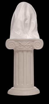 Stone pillar supporting a veiled object on a black background