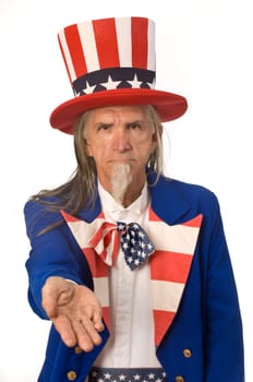 Uncle Sam on a white background with his palm outstretched