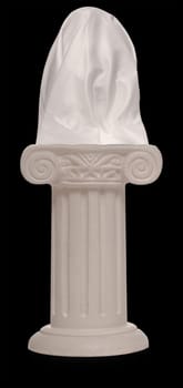 Stone pillar supporting a veiled object on a black background