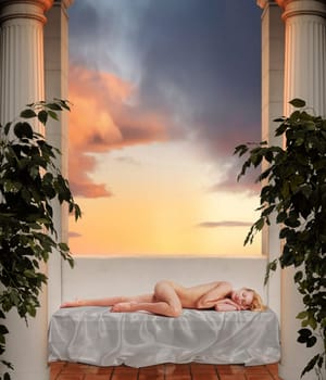 Goddess sleeping on sheer fabric between Roman pillars and cloudscape