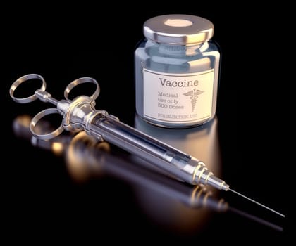 A vintage styled syringe and vaccine bottle on black reflective background.