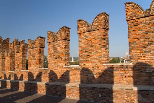 Detailed view of old brick bridge Ponte Scaligero in Verona (Italy). Horizontally.