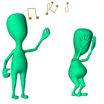 Two green 3d puppets mimicking singing and fatigue