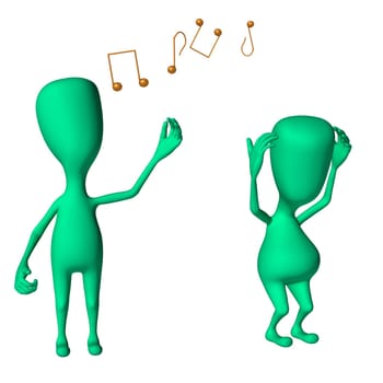 Two green 3d puppets mimicking singing and irritate
